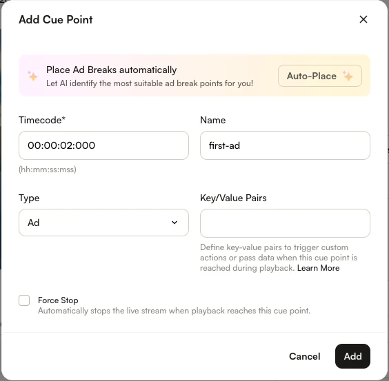 Add Cue Point dialog in the Media module