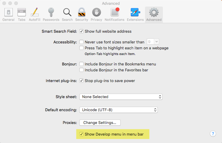 Safari Develop Menu