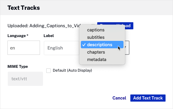 Set Kind of text track to descriptions
